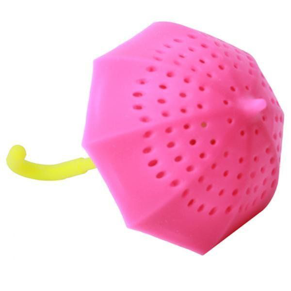 Silikonowy zaparzacz do herbaty w kształcie różowej parasolki, widok z boku