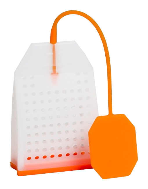 Silikonowy zaparzacz do herbaty w kształcie torebki z pomarańczowym uchwytem.