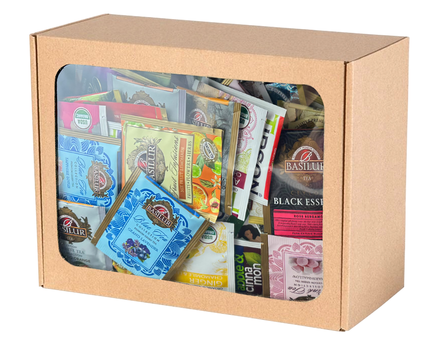Zestaw herbat różnych smaków w kartonowym opakowaniu prezentowym.