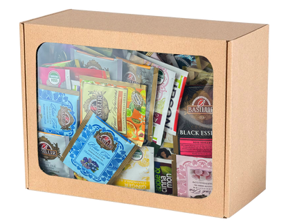 Zestaw herbat różnych smaków w kartonowym opakowaniu prezentowym.