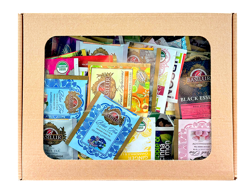 Ekspozytor kartonowy z herbatami w kolorowych saszetkach, widok z przodu.