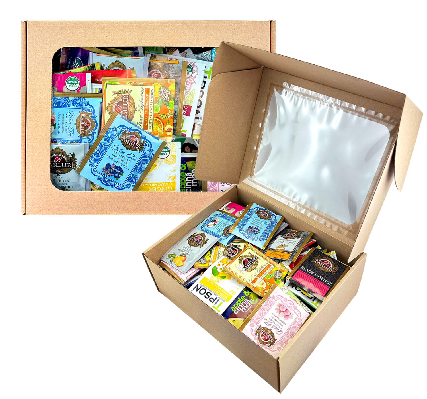 Kartonowy ekspozytor z przezroczystym okienkiem, wypełniony saszetkami herbat Basilur i innych marek.
