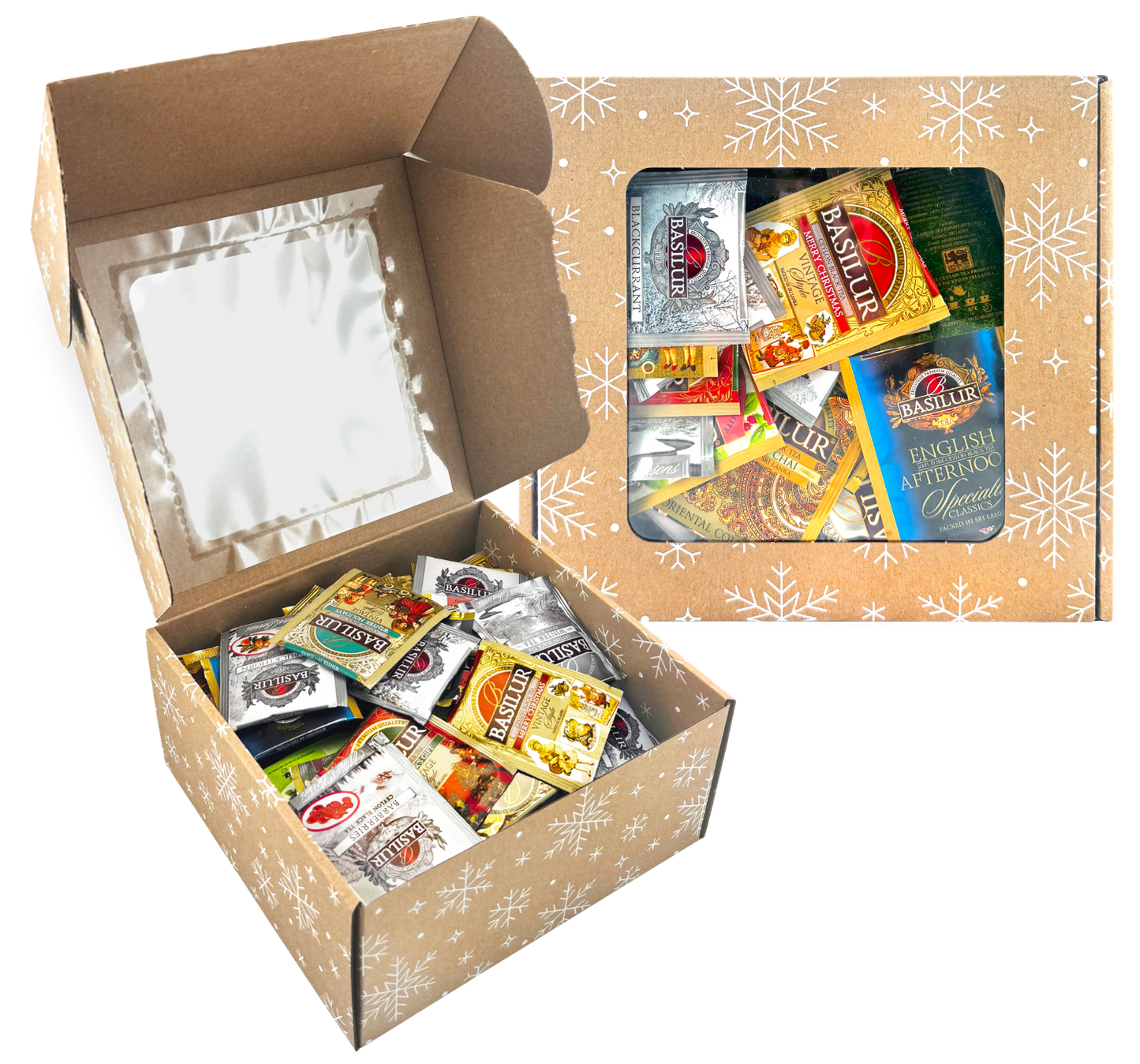 Otwarty zestaw herbat Świąteczny Mix Basilur, Tipson, Kingsleaf i Stassen w ozdobnym pudełku.