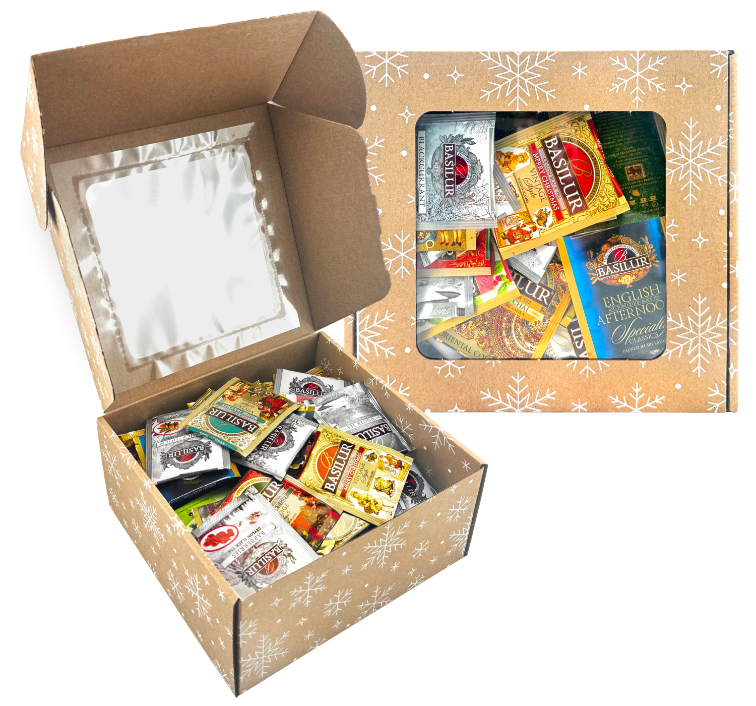 Otwarty zestaw herbat Świąteczny Mix Basilur, Tipson, Kingsleaf i Stassen w ozdobnym pudełku.