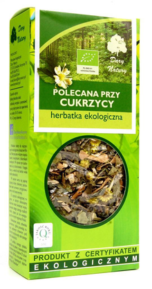 Opakowanie herbatki Polecanej przy Cukrzycy Dary Natury 50 g, ekologiczna mieszanka ziół wspierająca równowagę cukrową