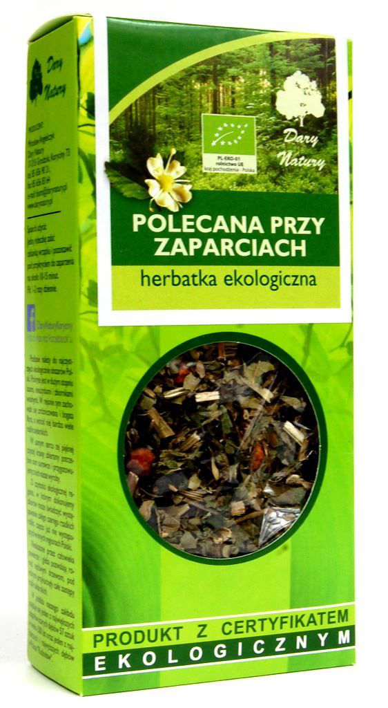 Opakowanie herbatki Polecanej przy Zaparciach Dary Natury 50 g, ekologiczna mieszanka ziół wspomagająca trawienie i pracę jelit