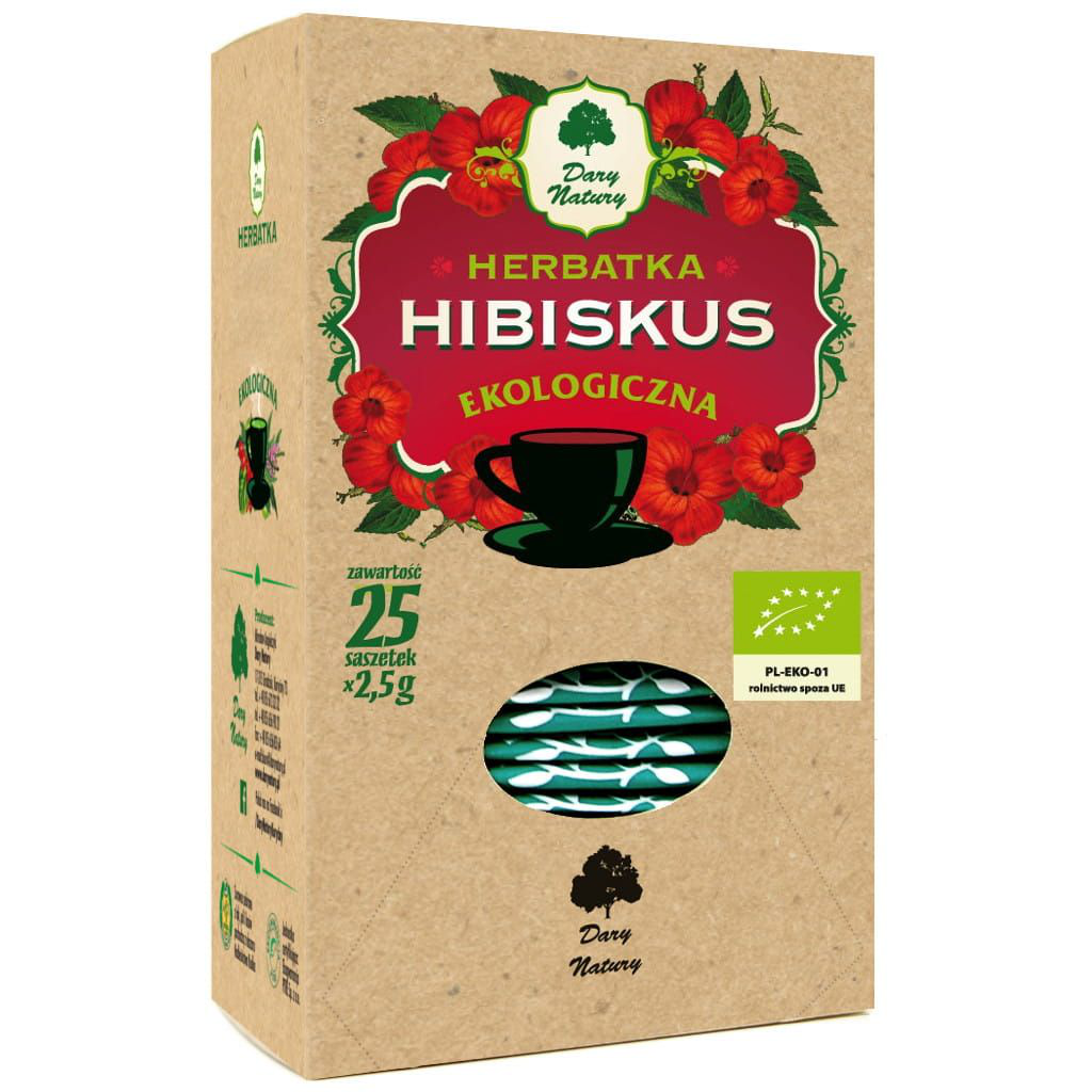 Opakowanie ekologicznej herbatki Hibiskus Dary Natury w saszetkach 25 x 2,5 g