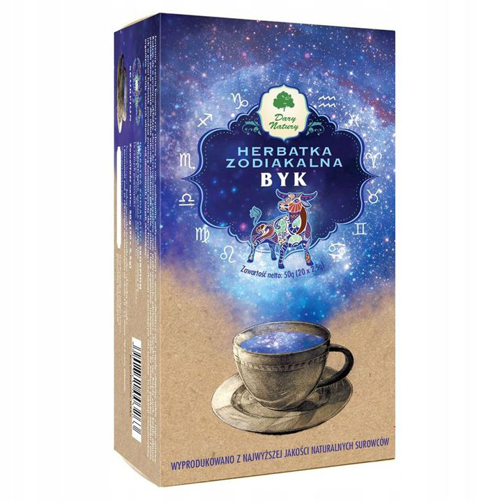 Opakowanie herbatki zodiakalnej Byk Dary Natury 20 x 2,5 g, mieszanka ziół wspierająca równowagę i siłę wewnętrzną