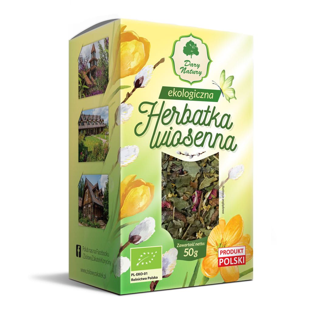 Opakowanie herbatki Wiosennej Dary Natury 50 g, ekologiczna mieszanka ziół i kwiatów o orzeźwiającym smaku