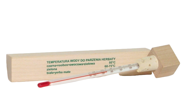 Termometr do herbaty z opisanymi zakresami temperatur na opakowaniu