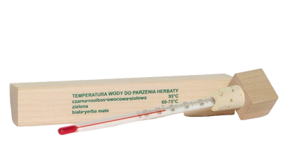 Termometr do herbaty z opisanymi zakresami temperatur na opakowaniu
