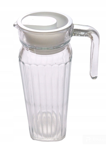 Pusty szklany dzbanek o pojemności 1100 ml z białą plastikową pokrywką i uchwytem.