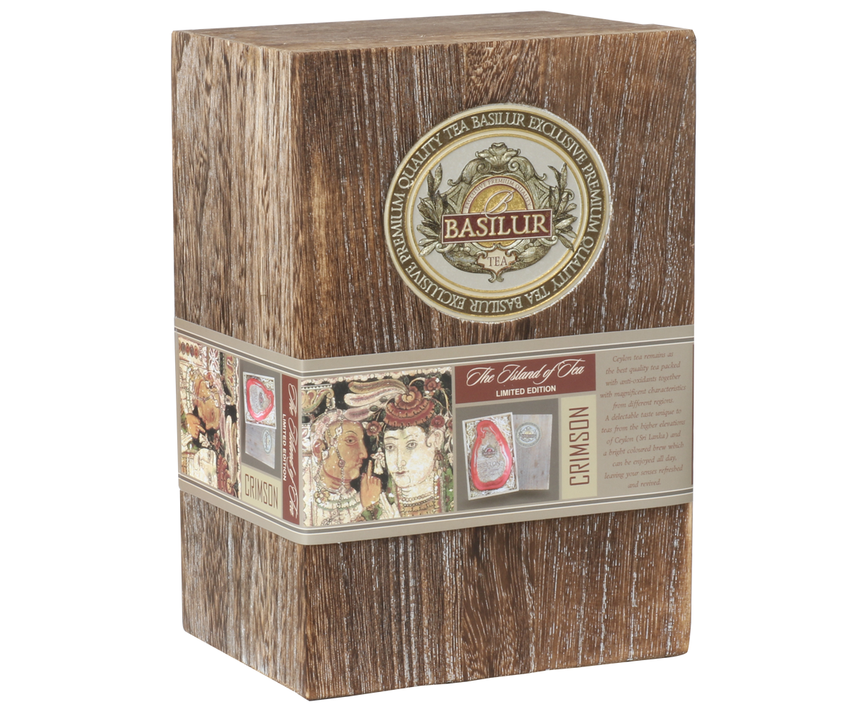 Elegancka drewniana skrzynka Basilur Crimson Paulownia Box z herbatą cejlońską premium.