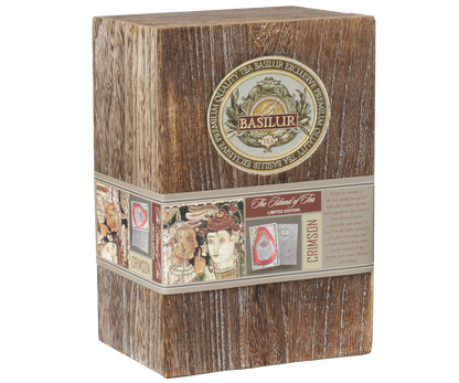 Elegancka drewniana skrzynka Basilur Crimson Paulownia Box z herbatą cejlońską premium.