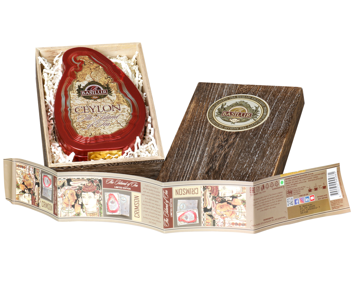 Zestaw Basilur Crimson Paulownia Box z herbatą Ceylon i ozdobnym opakowaniem.