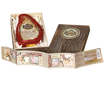 Zestaw Basilur Crimson Paulownia Box z herbatą Ceylon i ozdobnym opakowaniem.