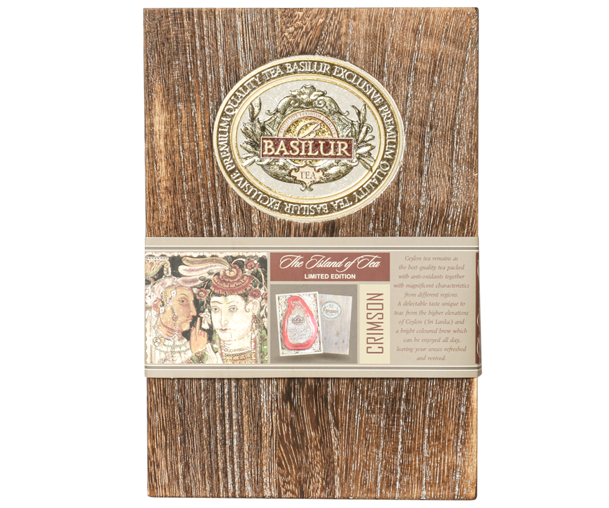 Drewniane pudełko Basilur Crimson Paulownia z etykietą The Island of Tea.