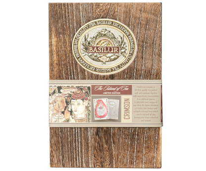 Drewniane pudełko Basilur Crimson Paulownia z etykietą The Island of Tea.
