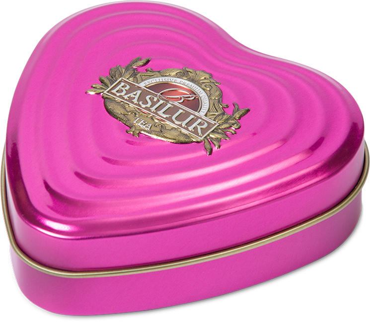 Różowa puszka w kształcie serca z logo Basilur, eleganckie opakowanie herbaty Forever Life.