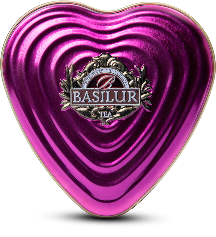 Widok z góry na różową puszkę Basilur Forever Life w kształcie serca, ekskluzywna herbata prezentowa.