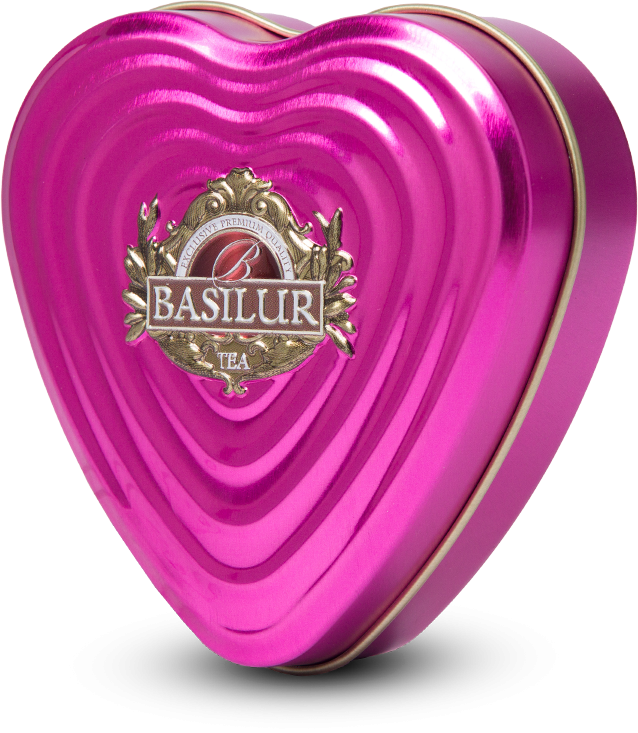 Metalowa puszka Basilur Forever Life w kształcie serca, błyszczące różowe wykończenie.