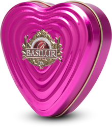 Metalowa puszka Basilur Forever Life w kształcie serca, błyszczące różowe wykończenie.