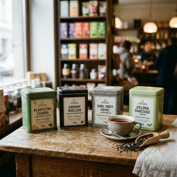 Puszki herbat Klasyczna Czarna, Zimowy Wieczór, Earl Grey Royal i Zielona Świeżość obok filiżanki.