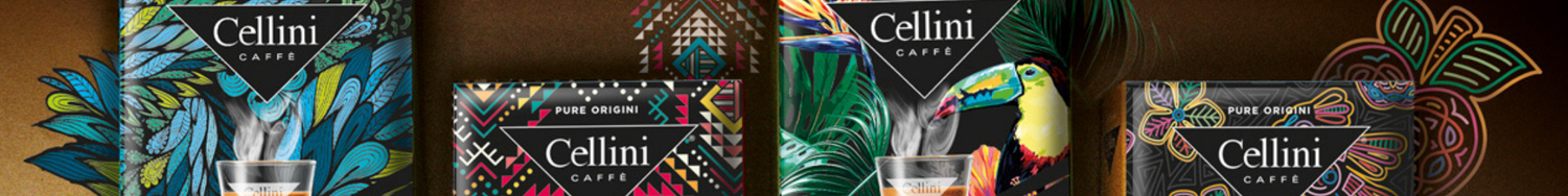 Kolorowe opakowania kawy Cellini Caffè Pure Origini na tle etnicznych wzorów i tropikalnych motywów – elegancka prezentacja włoskiej marki premium.