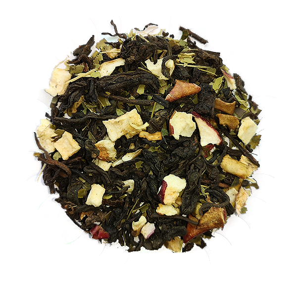Mieszanka herbaty czerwonej Pu Erh Slim z yerba mate oraz kawałkami pomarańczy, jabłka i grejpfruta.