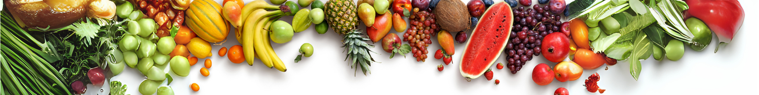 Kolorowe owoce i warzywa ułożone obok siebie – m.in. ananas, banany, arbuz, winogrona, papryka i zioła – symbolizujące świeżość i naturalne składniki herbat owocowych.