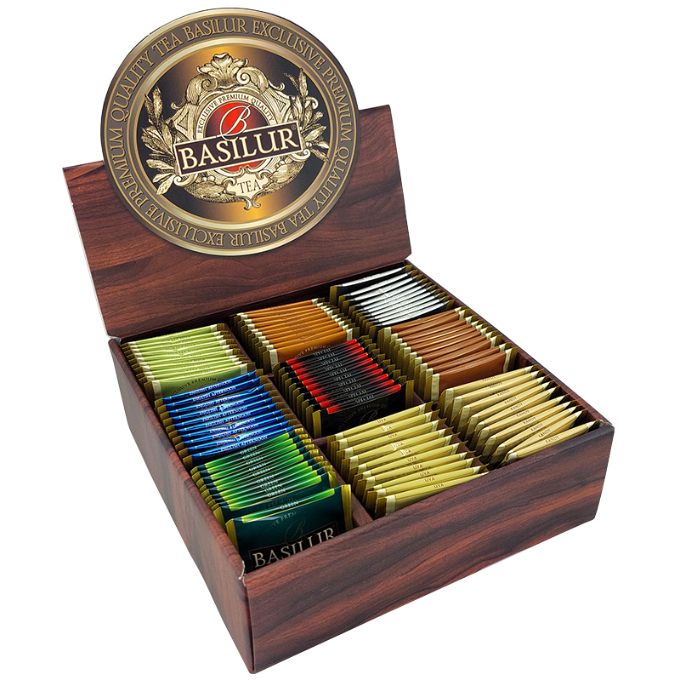 Ekspozytor Basilur z zestawem klasycznych herbat w saszetkach premium w drewnianym pudełku
