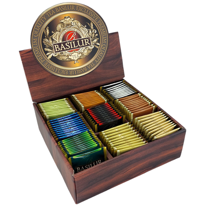 Ekspozytor Basilur z zestawem klasycznych herbat w saszetkach premium w drewnianym pudełku
