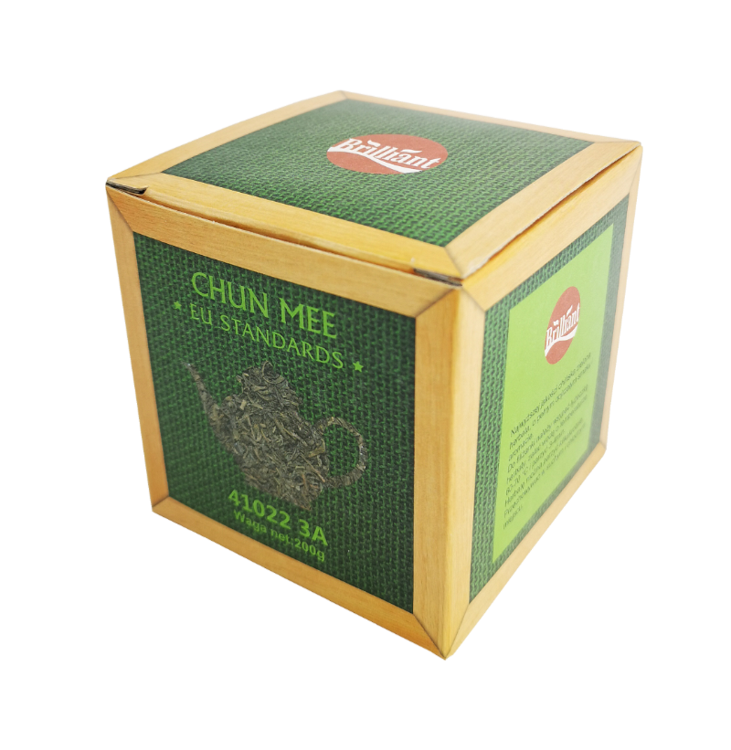 Opakowanie zielonej herbaty Chun Mee w pudełku Brillant