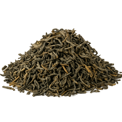 Zielona herbata Chun Mee luzem w formie drobnych wygiętych listków
