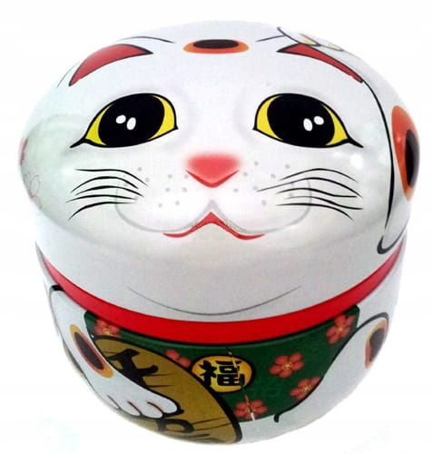 Puszka Maneki Neko z japońską herbatą Sencha o wyglądzie uśmiechniętego kotka
