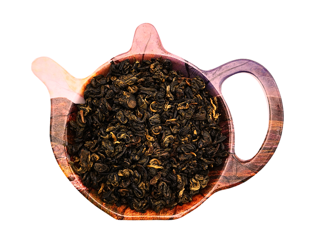 Czarna herbata chińska Golden Biluochun o skręconych złotawych listkach na podstawce w kształcie czajniczka