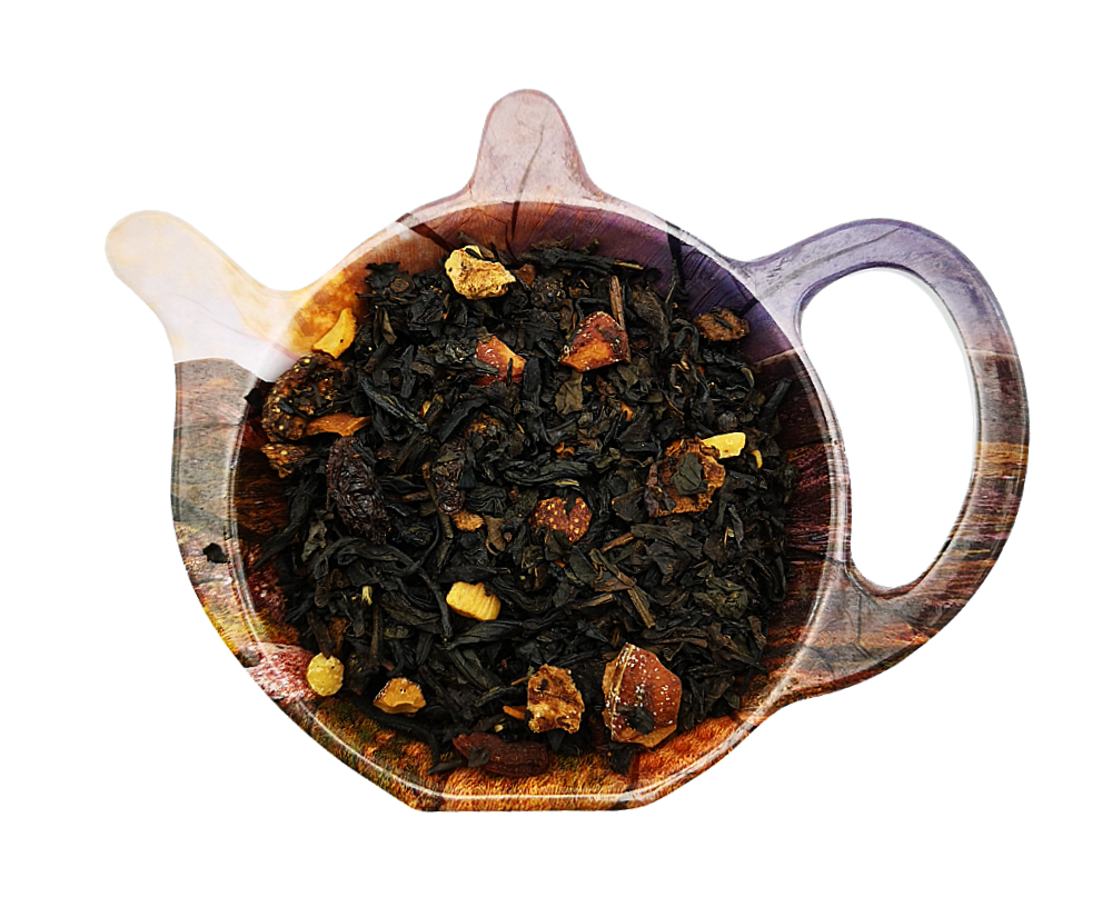 Czarna herbata Yunnan Lichi Queen z jagodami goji, głogiem i morelą na podstawce w kształcie czajniczka