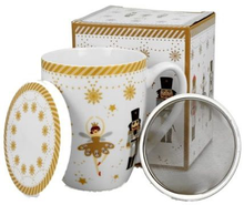 Kubek z zaparzaczem Christmas Ballerina 360 ml, porcelana New Bone China, ozdobiony świątecznym motywem.