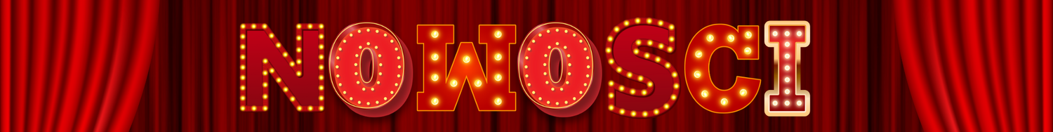 Czerwone tło teatralne z napisem NOWOŚCI w stylu świetlnego szyldu.