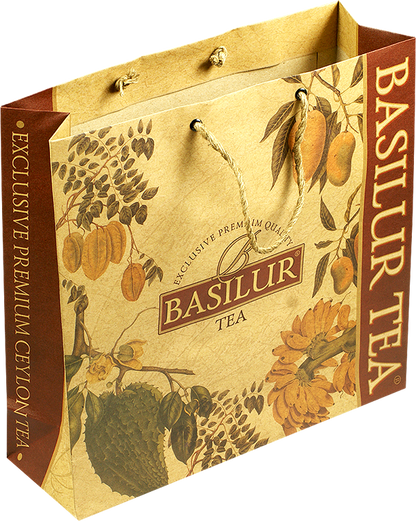 Duża torba prezentowa Basilur z roślinnym motywem i złotymi zdobieniami