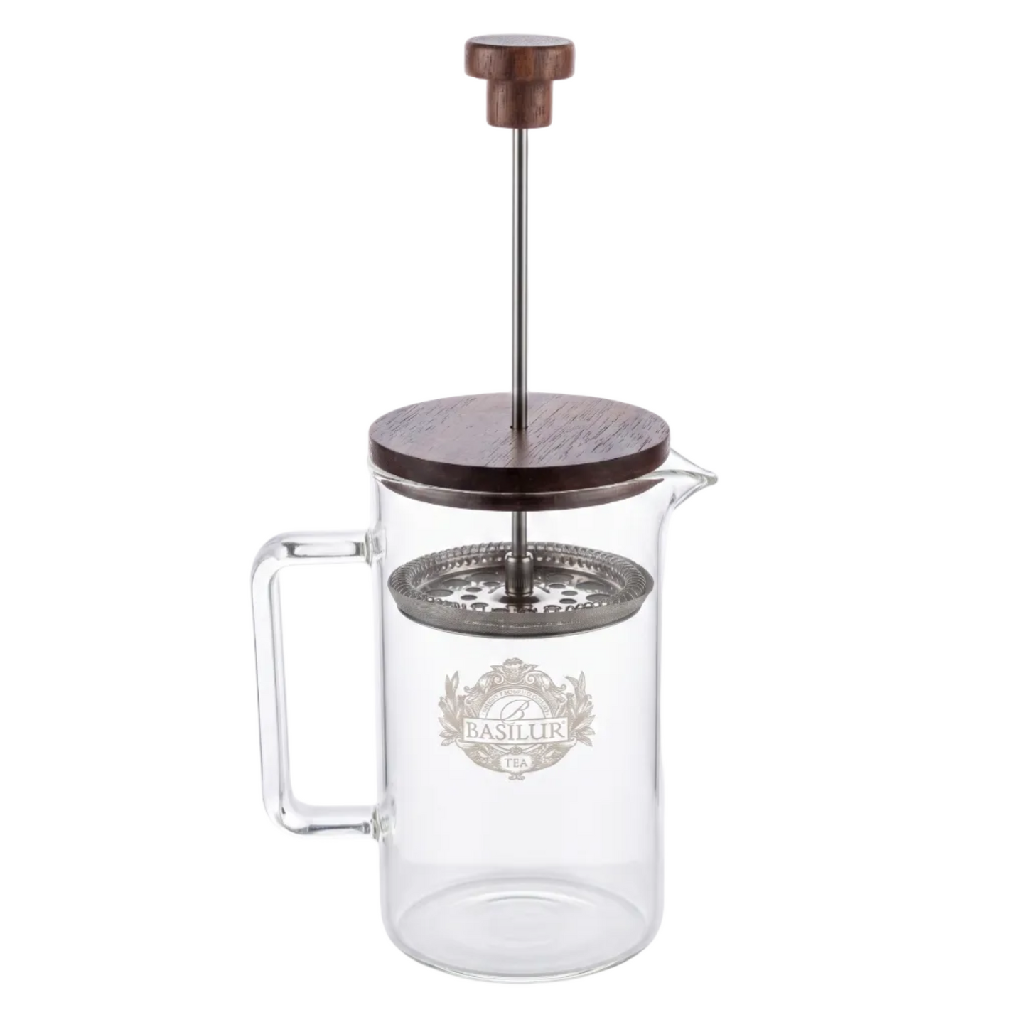 Szklany zaparzacz do herbaty Basilur Tea Press z metalowym filtrem i logo marki