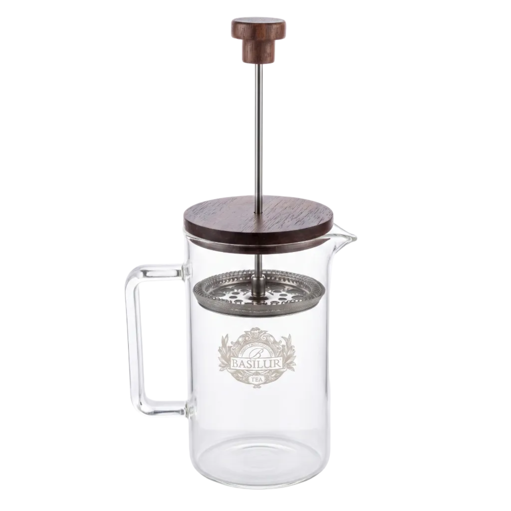 Szklany zaparzacz do herbaty Basilur Tea Press z metalowym filtrem i logo marki