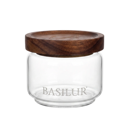 Szklany słoik Basilur Glass Jar 320 ml z logo marki szczelny pojemnik na herbatę liściastą