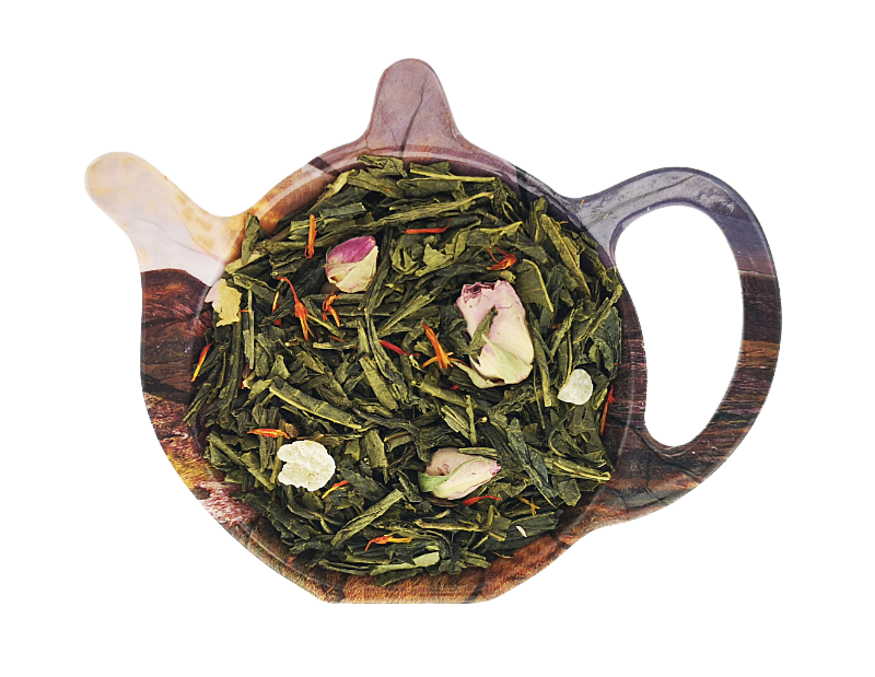 Zielona herbata Sencha Różany Ogród z ananasem kandyzowanym, rodzynkami, pączkami róż i saflorem w dekoracyjnej podstawce – aromatyczna herbata zielona.