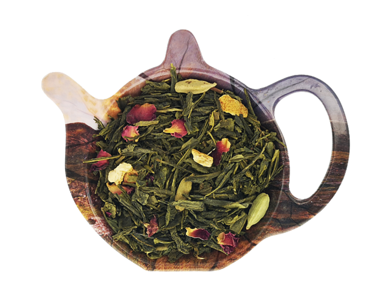 Zielona herbata Sencha Zimowe Opowiesci z pomarańcza, migdałami, goździkami i kardamonem na podstawce w kształcie czajniczka