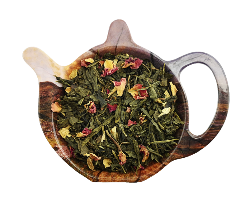 Zielona herbata Sencha Sekret Esmeraldy z płatkami róży i kwiatami słonecznika na podstawce w kształcie czajniczka