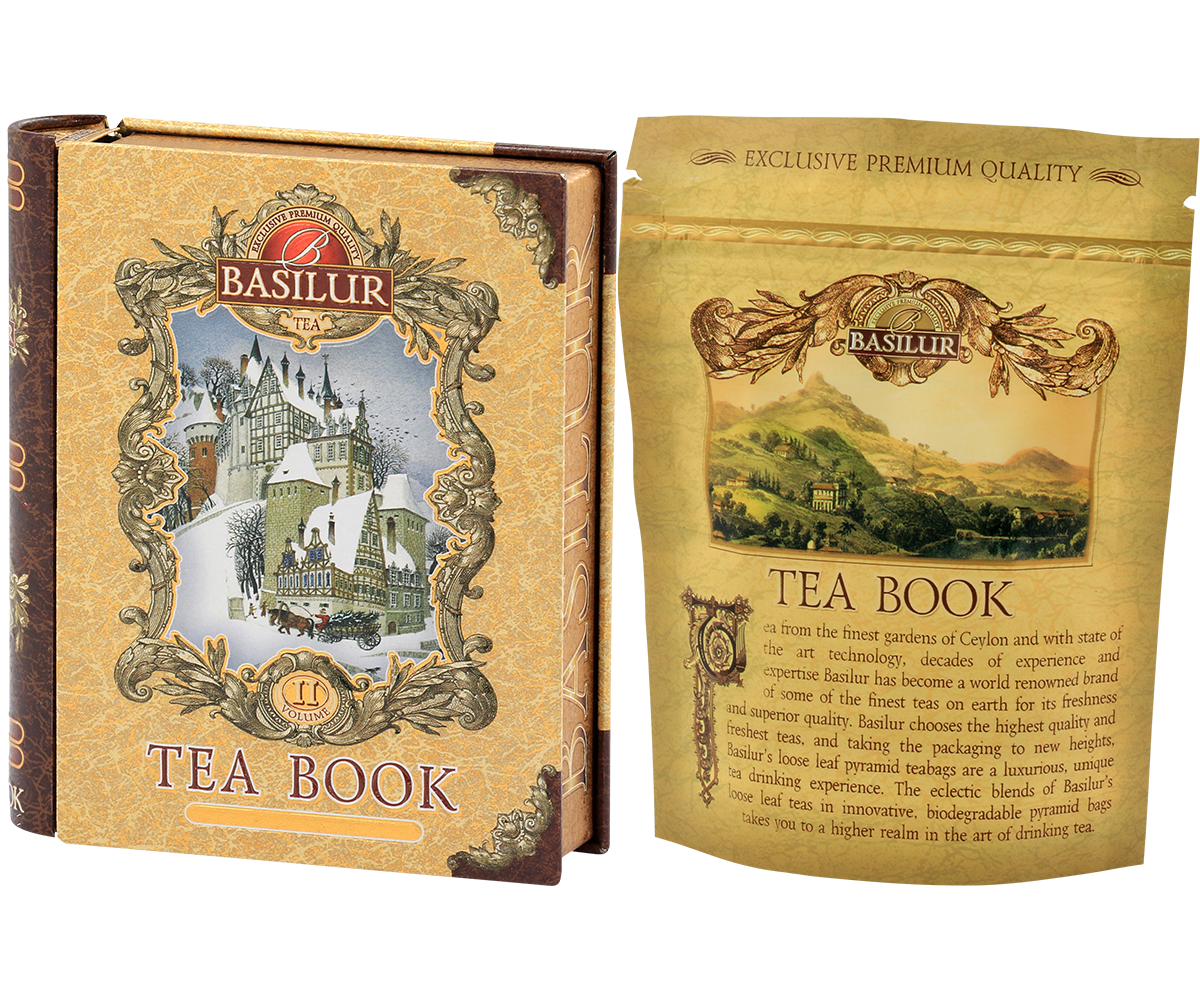 Herbata Basilur Tea Book vol. II Mini w eleganckiej puszce w kształcie książki z zimowym motywem zamku.