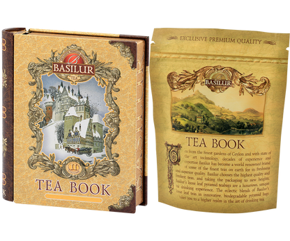 Herbata Basilur Tea Book vol. II Mini w eleganckiej puszce w kształcie książki z zimowym motywem zamku.