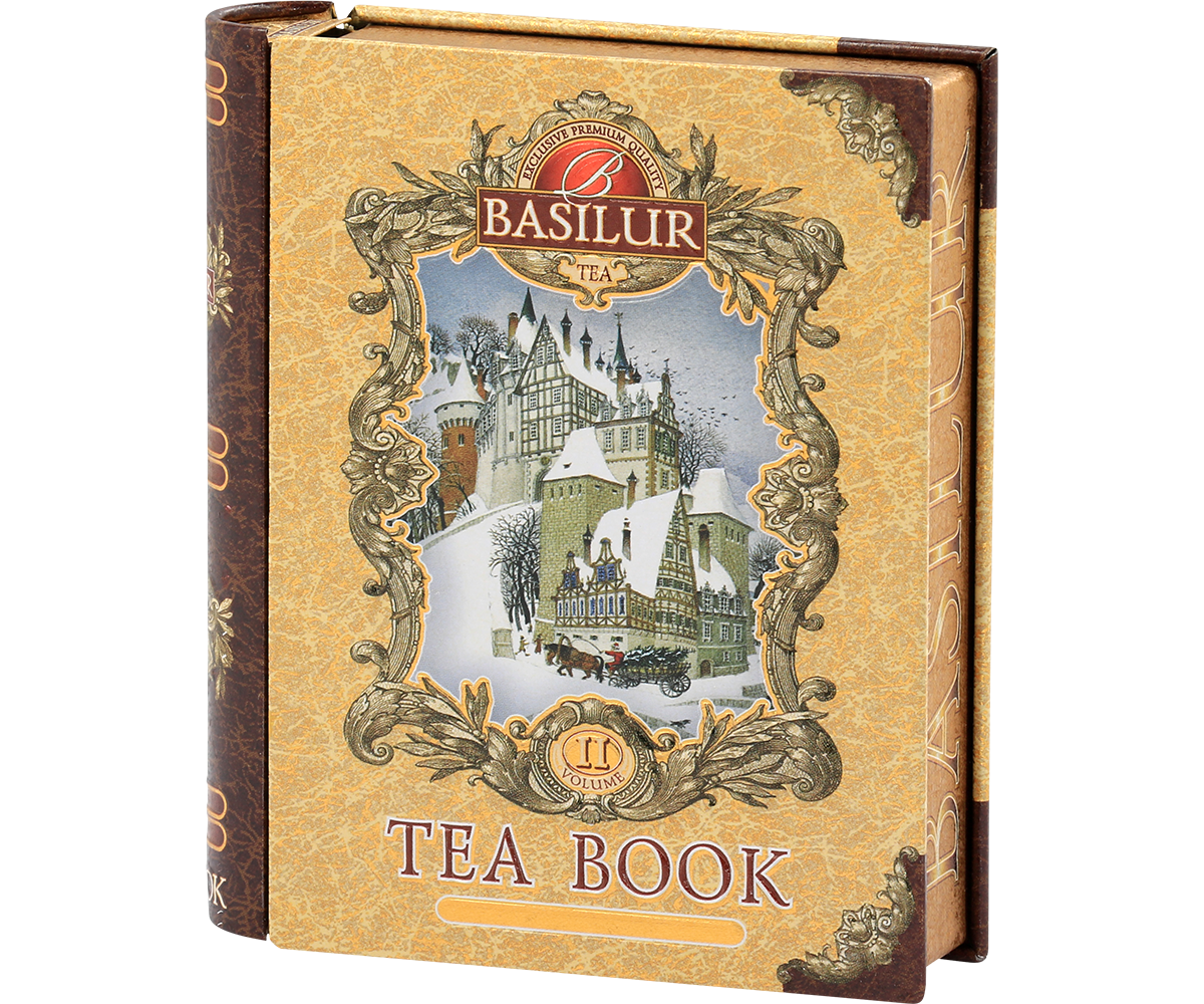 Widok boczny puszki Basilur Tea Book vol. II – ekskluzywna herbata czarna cejlońska w ozdobnym opakowaniu.