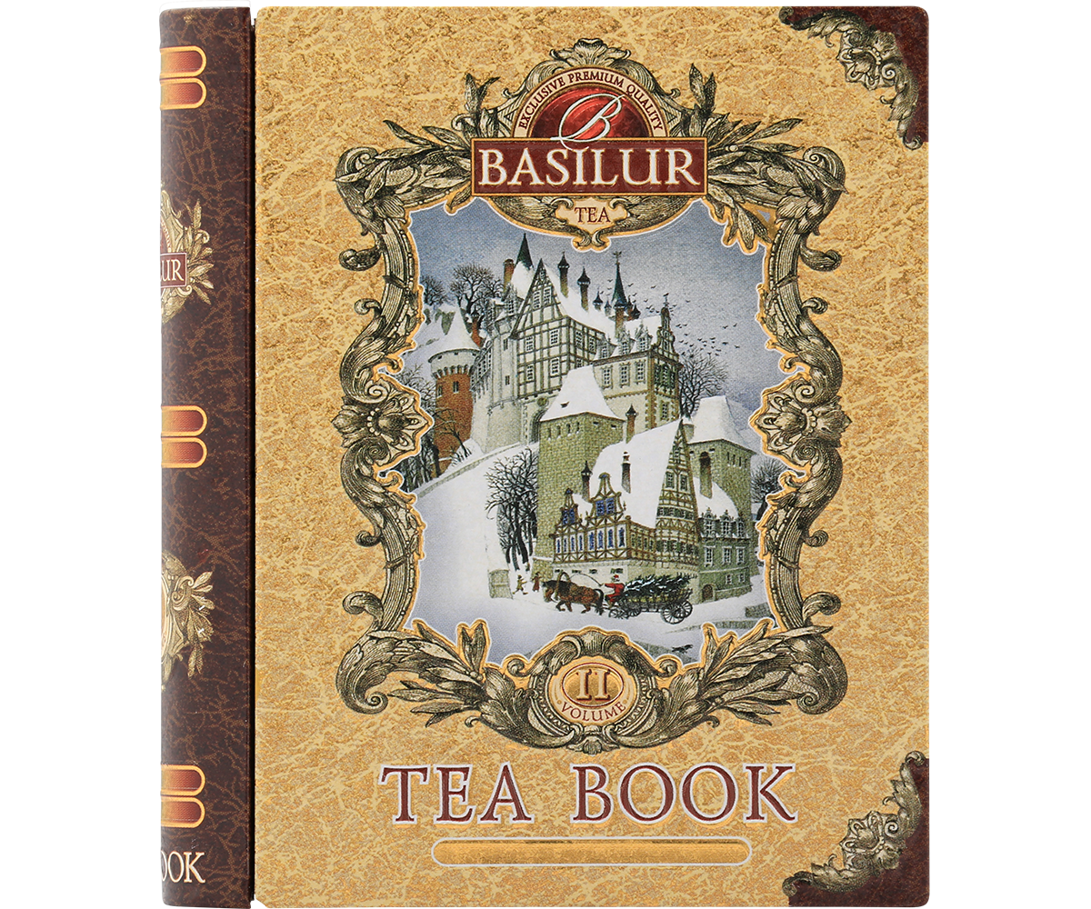Front opakowania Basilur Tea Book vol. II – złote detale i grafika zimowego zamku.